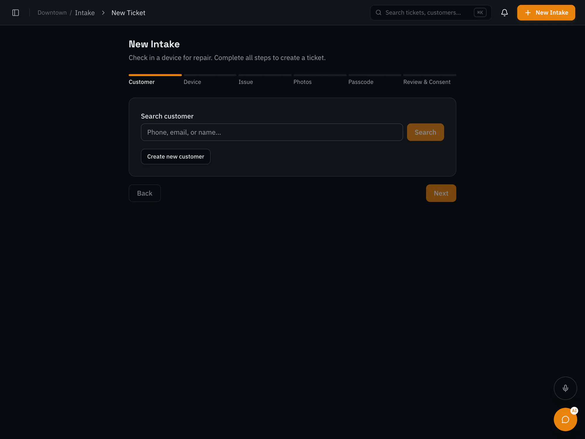 RepairOps new intake form, starting with finding or adding the customer before the device, issue, photos, passcode, and consent steps.