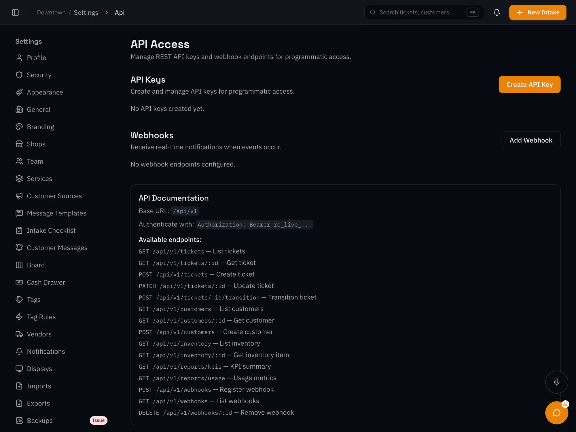 RepairOps API settings for creating API keys and webhook endpoints, with the list of available endpoints.