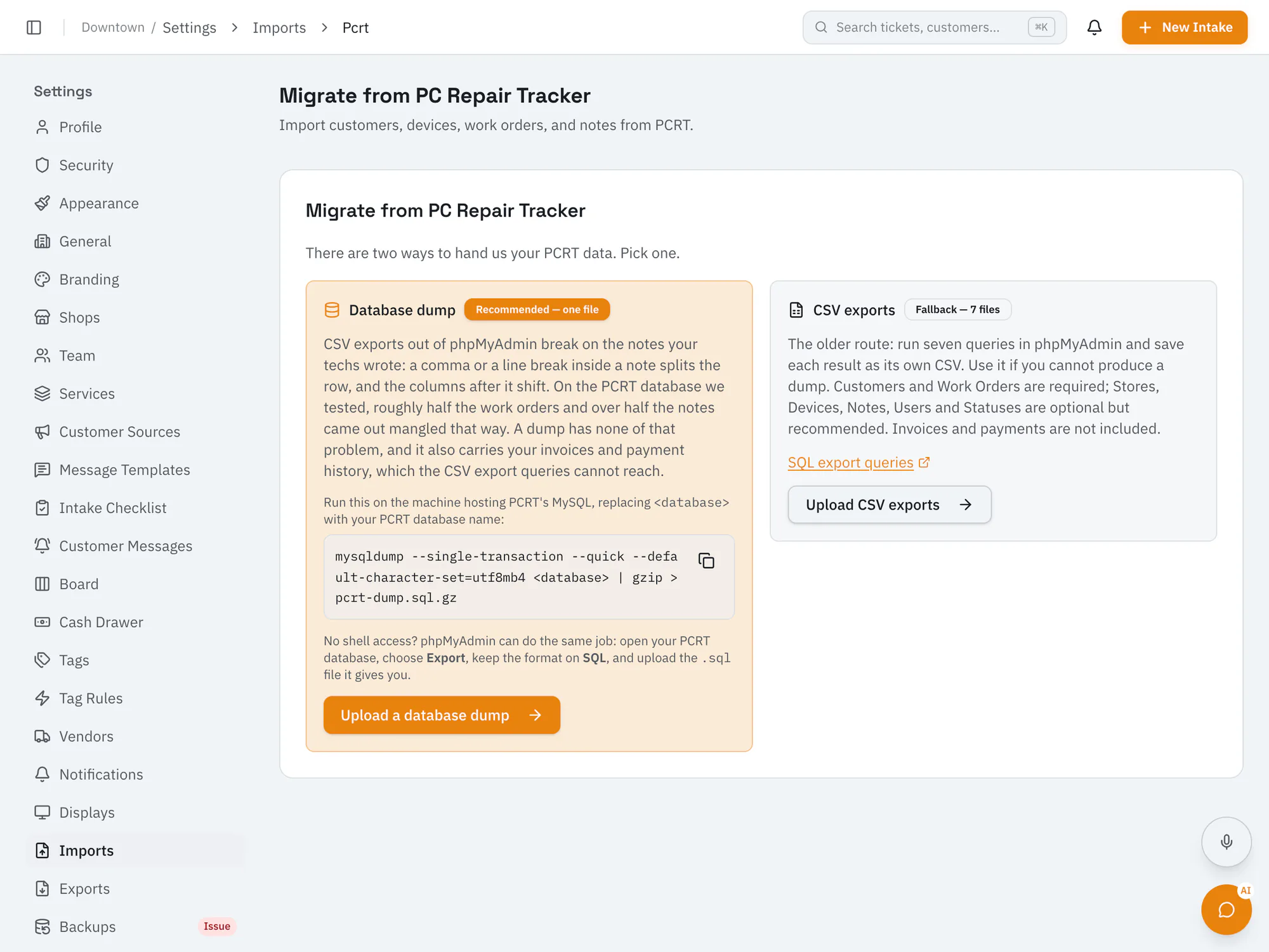 RepairOps migration screen for PC Repair Tracker: upload one database dump (recommended, with the mysqldump command to run) or seven CSV exports as a fallback.
