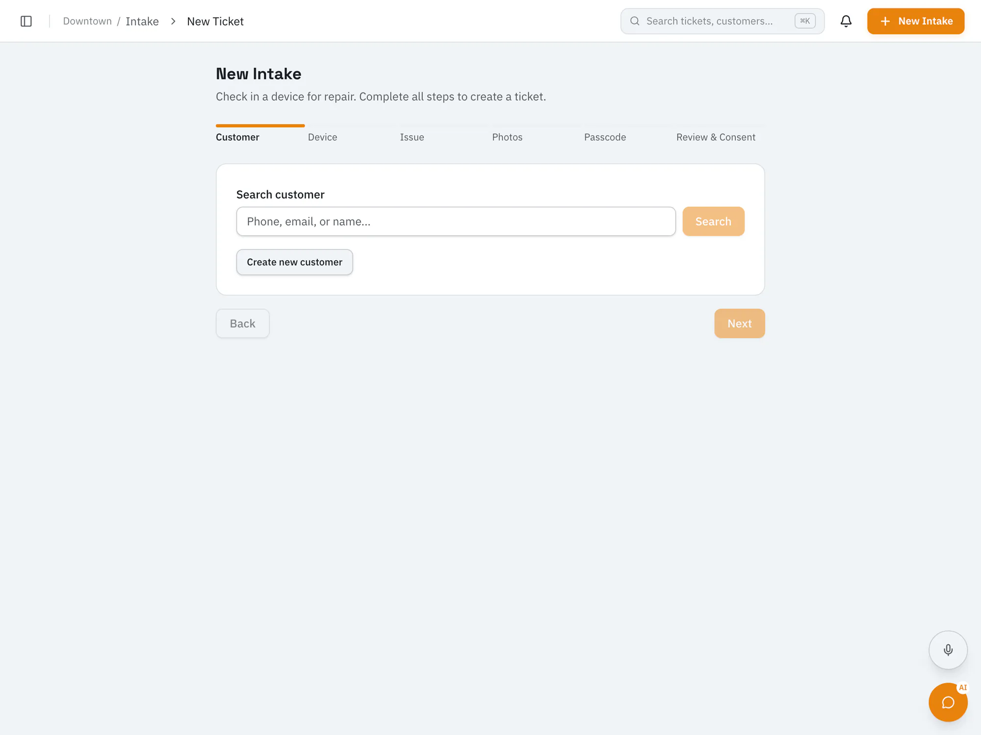 RepairOps new intake form, starting with finding or adding the customer before the device, issue, photos, passcode, and consent steps.