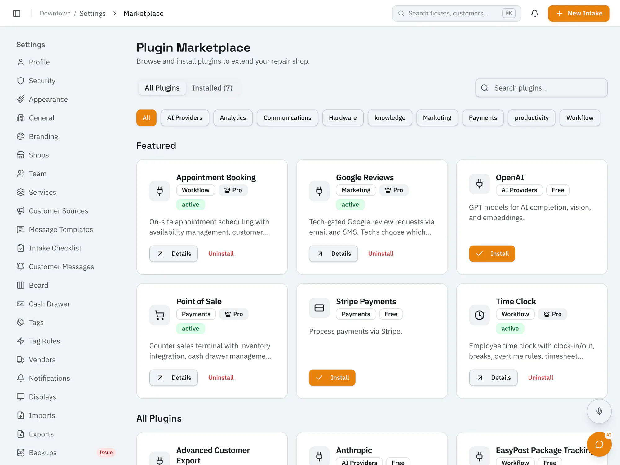 RepairOps plugin marketplace with appointment booking, Google reviews, point of sale, and other first-party plugins.