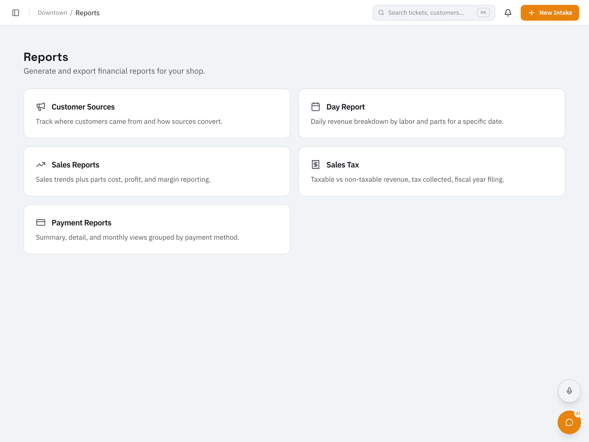 RepairOps reports hub with customer source, sales, day, sales tax, and payment reports.