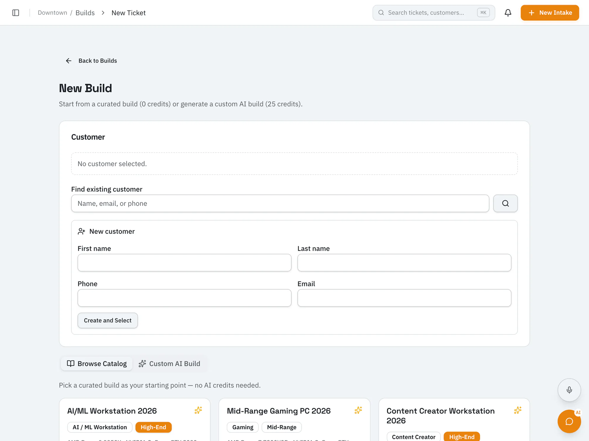 RepairOps system builder for quoting a custom PC build, starting from a customer and a curated or custom build.