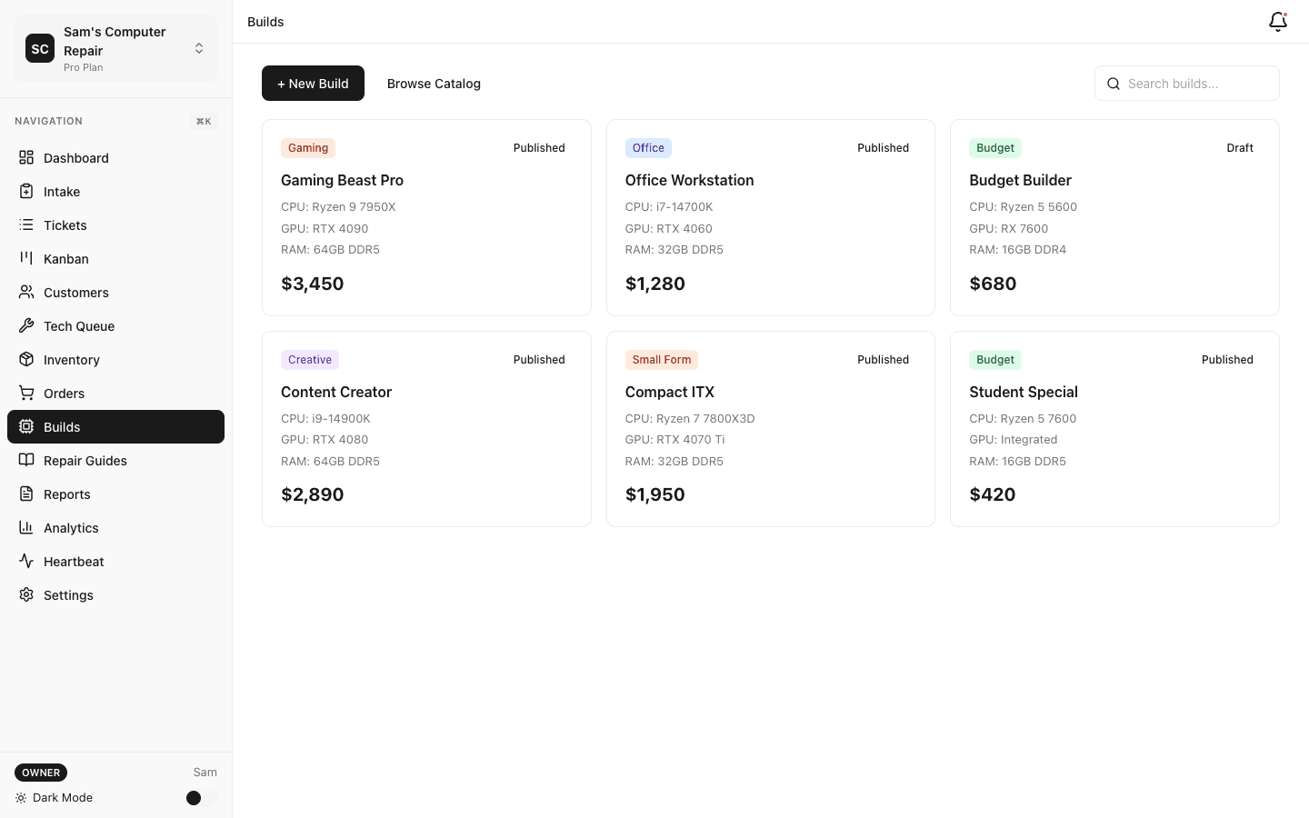 System builds list with components