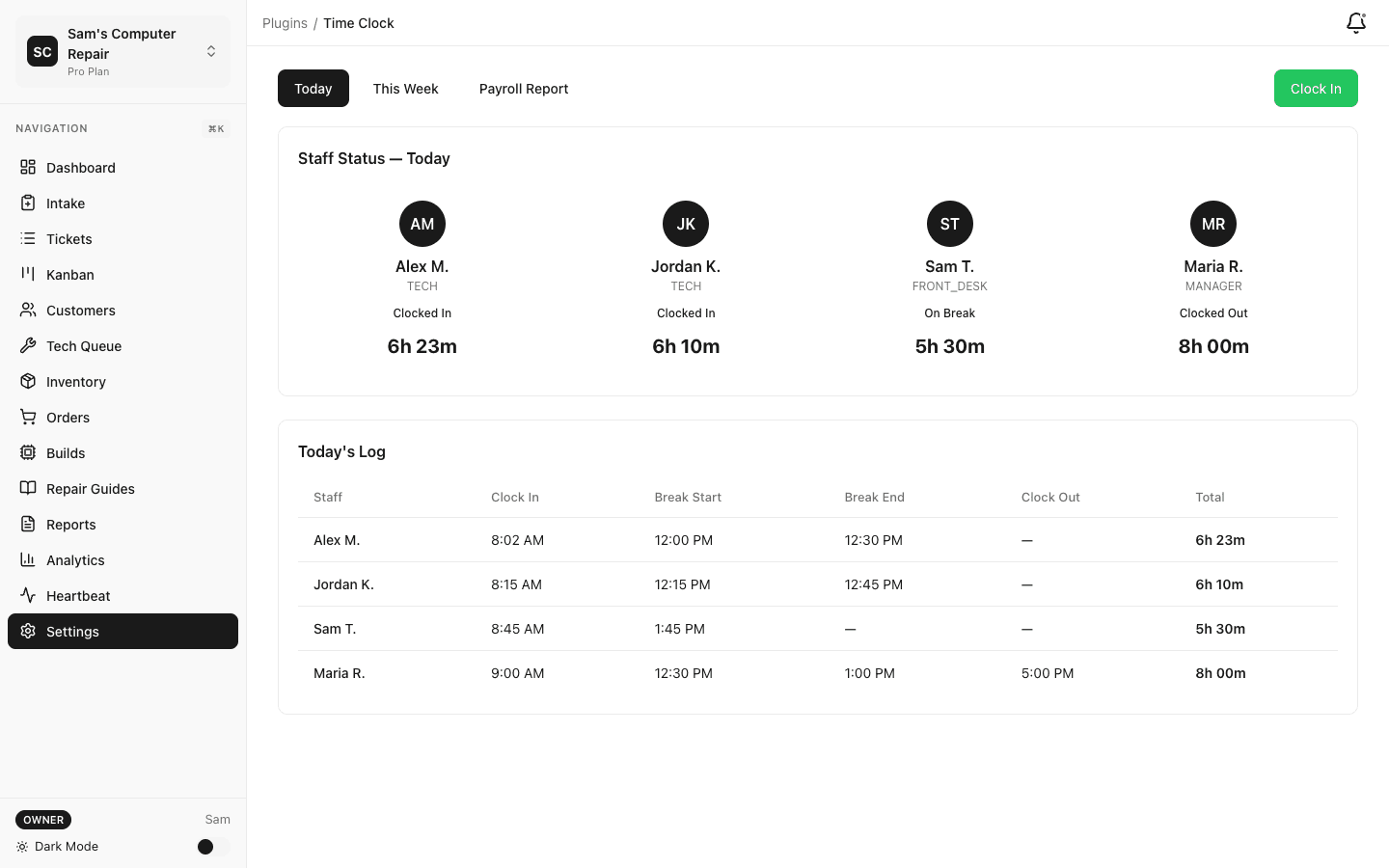 Time clock plugin for employee tracking
