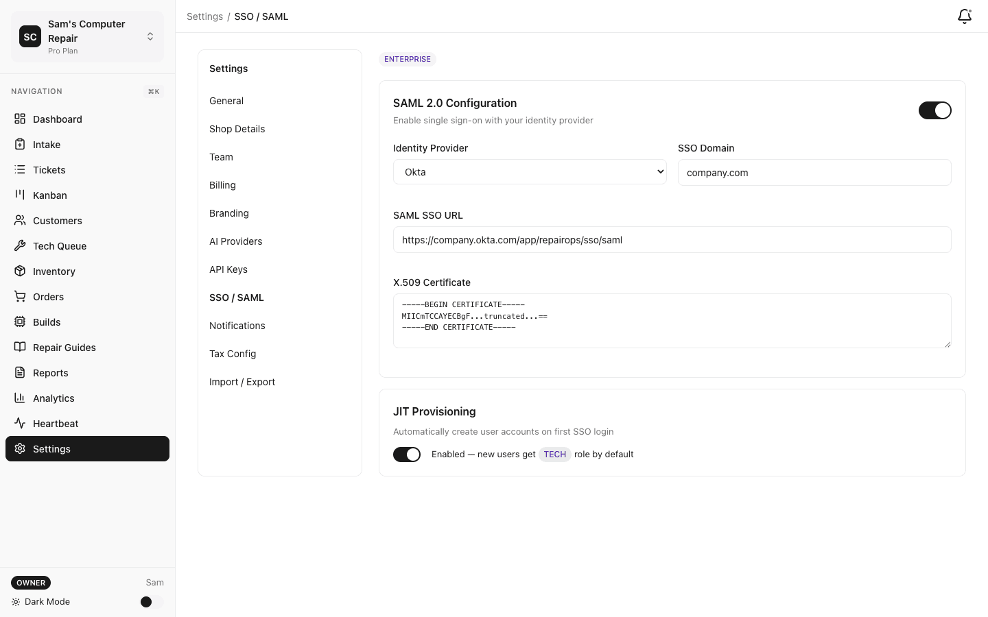 SSO and SAML configuration for enterprise authentication