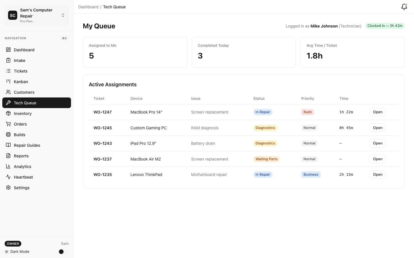 Technician queue with assigned repairs