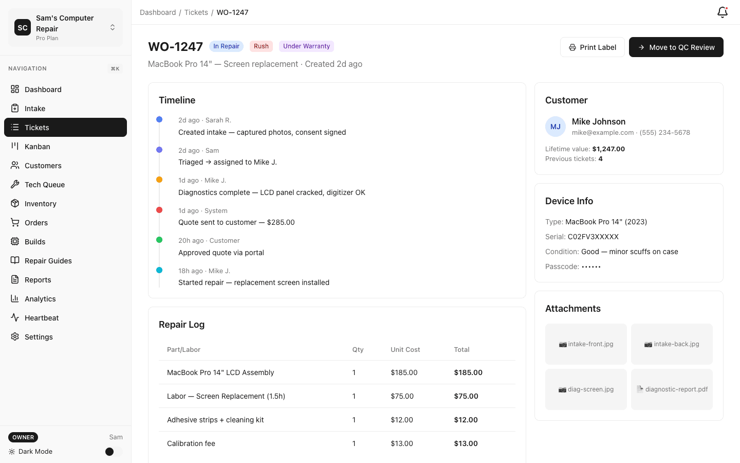 Detailed ticket view with repair history