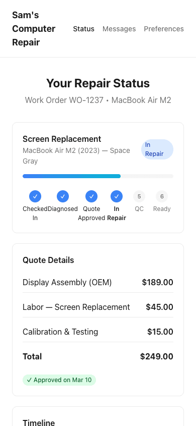 Customer repair tracking portal on mobile