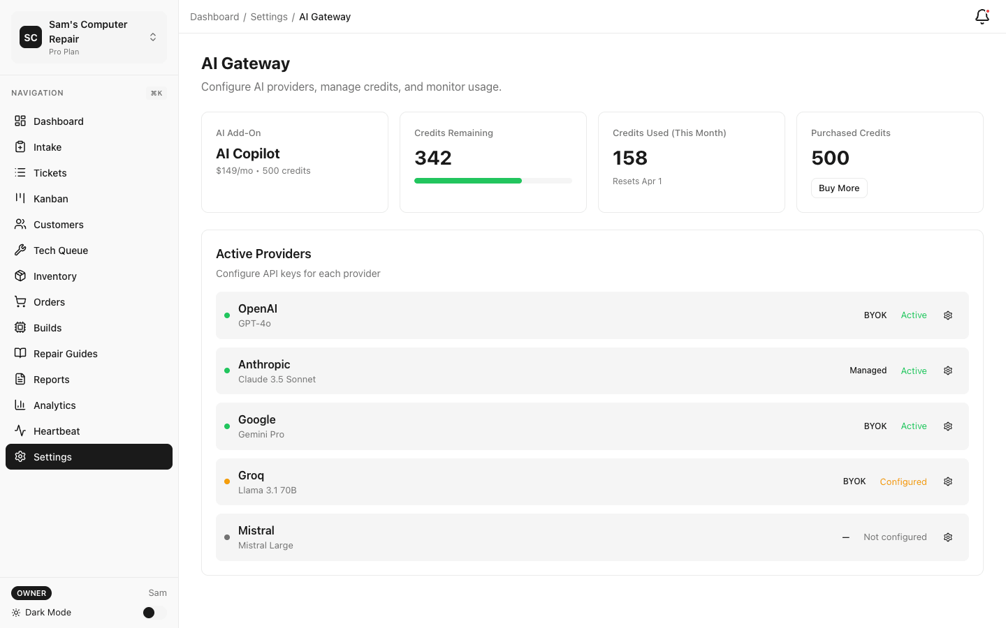 AI-powered features including diagnostics and knowledge base
