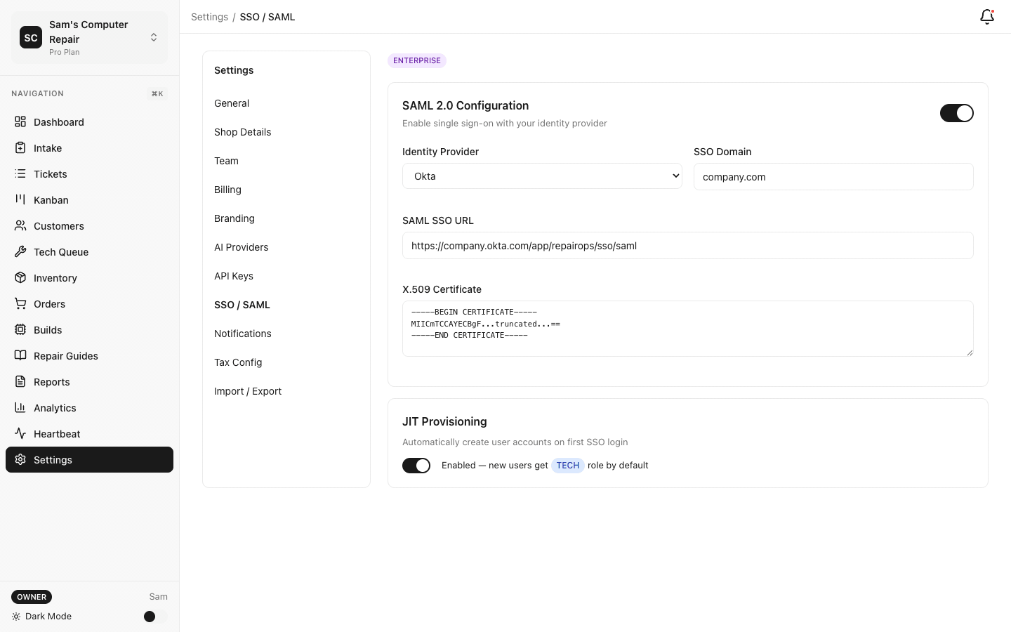 Enterprise features including SSO, API, and branding