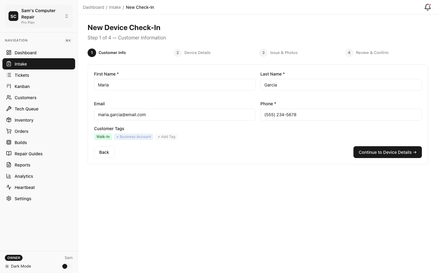 Complete repair workflow from intake to pickup